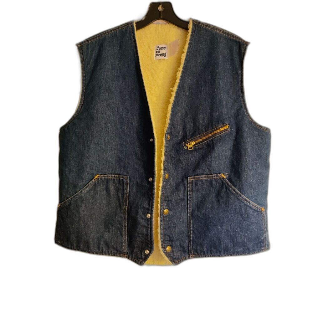 Vintage 60s Come On Strong Denim Vest Large Indigo Deadstock Fleece‎ Liner USA